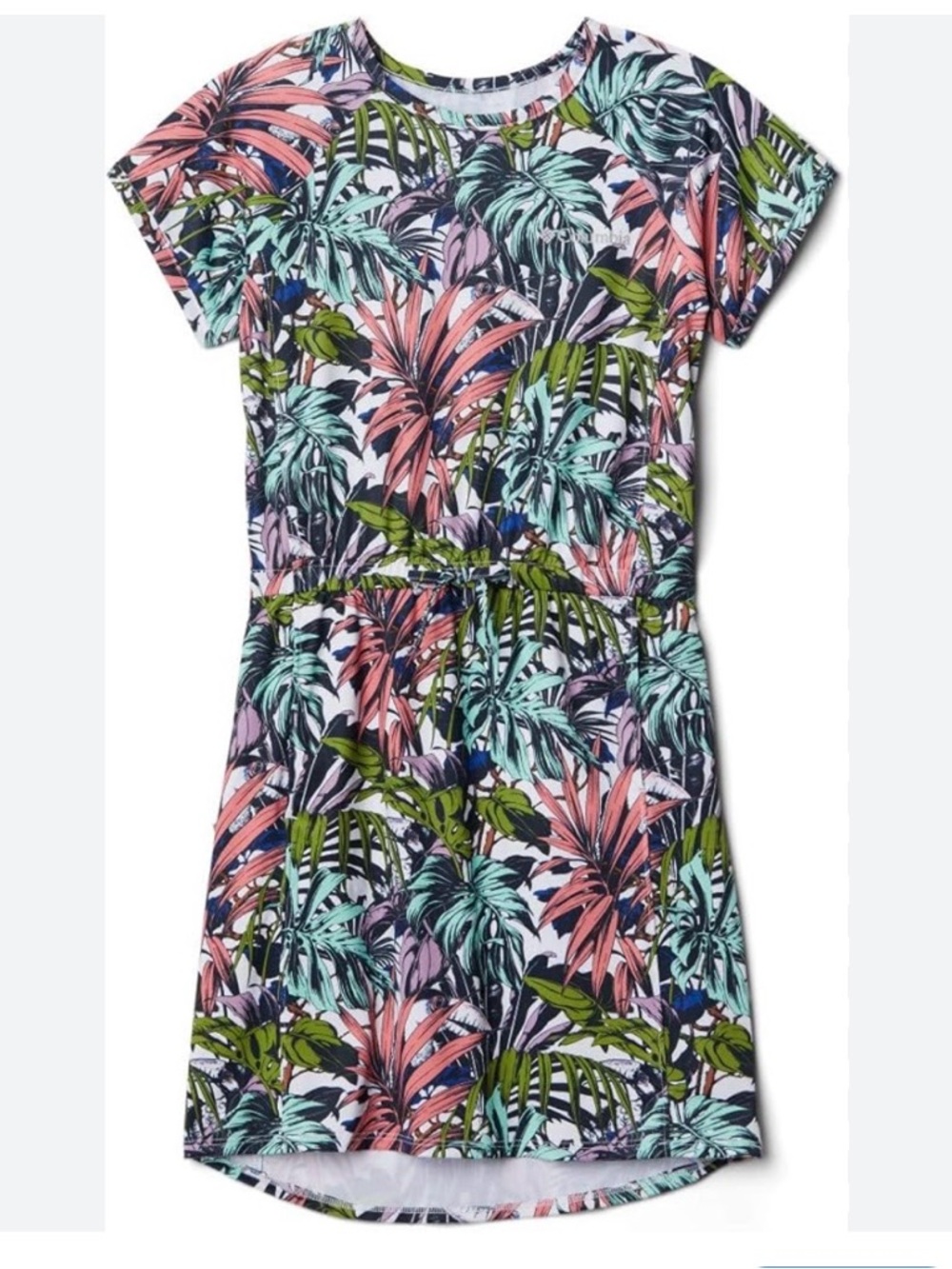 Columbia Tropical Print Mini Dress in Pink, Green, Blue
